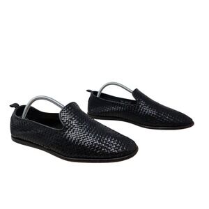 Hudson London Ipanema Woven Loafers 10 Men Black Leather Slip On Smoking Slipper